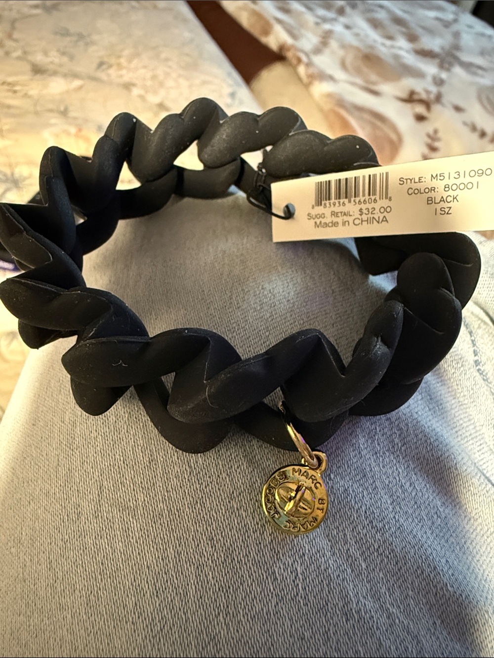 Marc by Marc Jacobs Black Braided Silicone Bracelet with Gold Charm Medallion